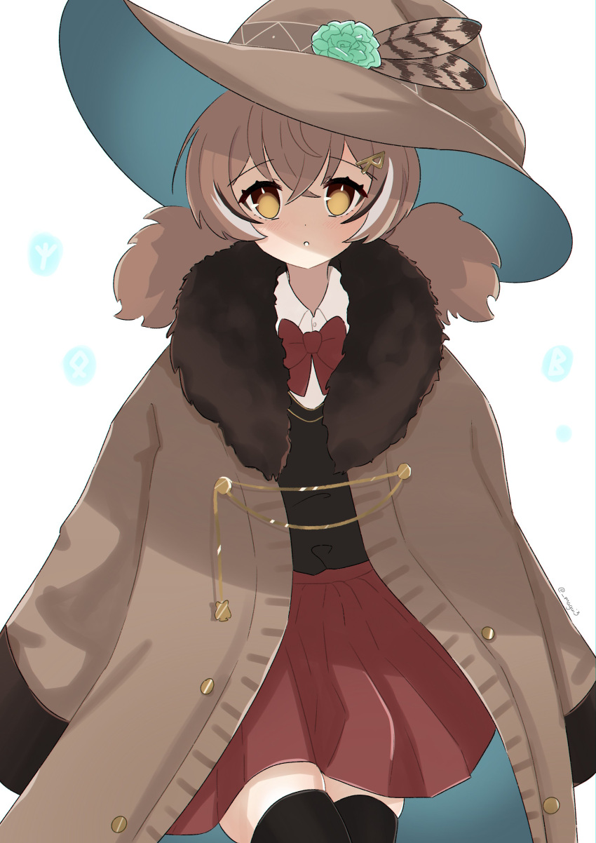 1girl absurdres ahoge alternate_costume bangs black_sweater brown_eyes brown_hair coat coat_on_shoulders collared_shirt dress_shirt feather_hair_ornament feathers fur_coat green_flower hair_ornament hairclip hat highres hololive hololive_english long_hair looking_at_viewer low_twintails magui3 multicolored_hair nanashi_mumei oversized_clothes parted_lips pleated_skirt red_ribbon red_skirt ribbon runes shirt skirt streaked_hair sweater thigh-highs twintails very_long_hair virtual_youtuber white_shirt witch_hat
