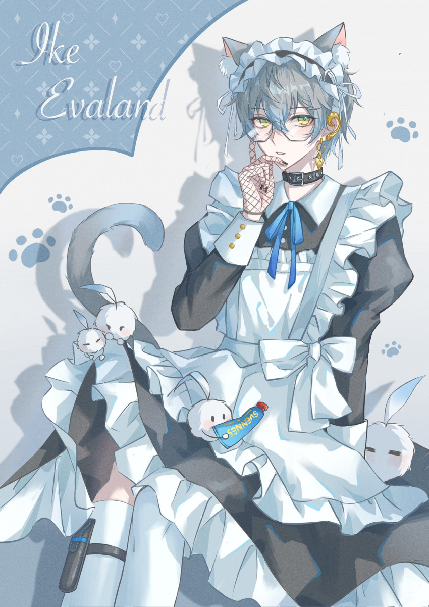 1boy alternate_costume animal_ear_fluff animal_ears apron bangs black_collar black_dress black_gloves black_hairband black_nails blue_background blue_hair blue_ribbon bow buttons cat_boy cat_ears cat_tail character_name collar collared_dress commentary crossdressing dress earclip earrings enmaided feet_out_of_frame fingernails fishnets frilled_apron frilled_dress frilled_hairband frills glasses gloves gold_earrings gradient_eyes gradient_hair green_eyes grey_hair hair_between_eyes hairband hand_up highres ike_eveland jewelry juliet_sleeves kemonomimi_mode long_sleeves maid maid_apron maid_headdress male_focus multicolored_eyes multicolored_hair nail_polish neck_ribbon nijisanji nijisanji_en parted_lips paw_print puffy_sleeves quildren_(ike_eveland) ribbon semi-rimless_eyewear shadow short_hair sitting sleeve_cuffs solo symbol-only_commentary tail thigh-highs two-tone_background under-rim_eyewear virtual_youtuber white_apron white_background white_bow white_ribbon white_thighhighs wing_collar yee_(yee45913139) yellow_eyes