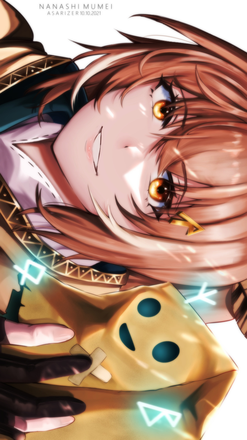1girl absurdres ahoge asarizer bangs brown_capelet brown_cloak brown_eyes brown_hair capelet character_name cloak feather_hair_ornament feathers friend_(nanashi_mumei) gloves grin hair_ornament hairclip highres hololive hololive_english long_hair looking_at_viewer multicolored_hair nanashi_mumei partially_fingerless_gloves ponytail ribbon runes smile streaked_hair very_long_hair virtual_youtuber