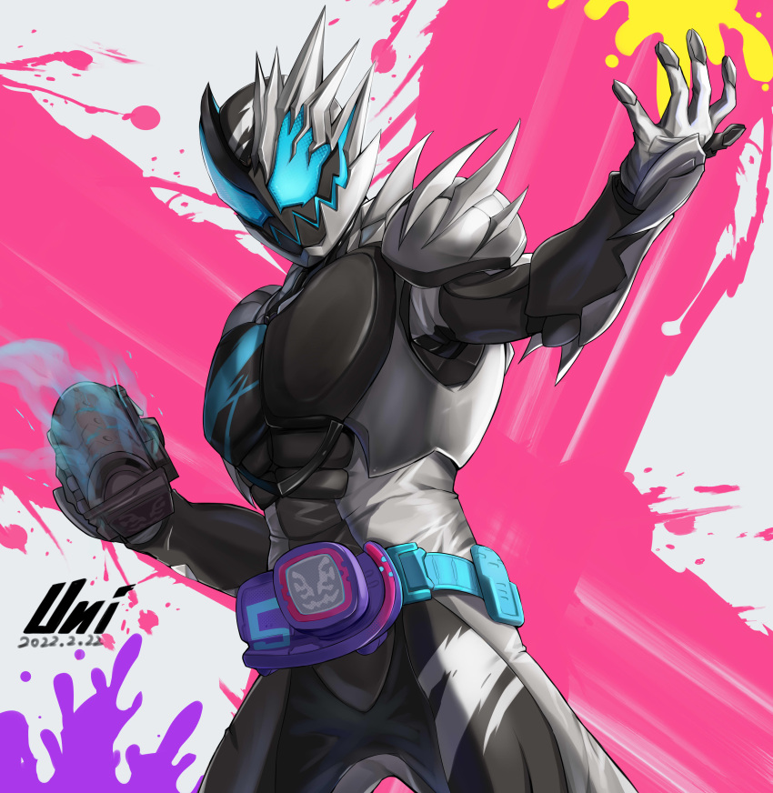 1boy absurdres armor asymmetrical_armor black_armor blue_eyes bodysuit clenched_hand commentary commentary_request compound_eyes cowboy_shot demon_boy driver_(kamen_rider) dutch_angle full_body helmet highres ink kamen_rider kamen_rider_jack_revice kamen_rider_revi kamen_rider_revice male_focus monsterification official_alternate_costume paint_splatter revice_driver rider_belt rolling_vistamp sharp_teeth shoulder_armor signature simple_background spiked_armor splatter_print teeth tokusatsu unique_(pixiv12704744) weapon white_background