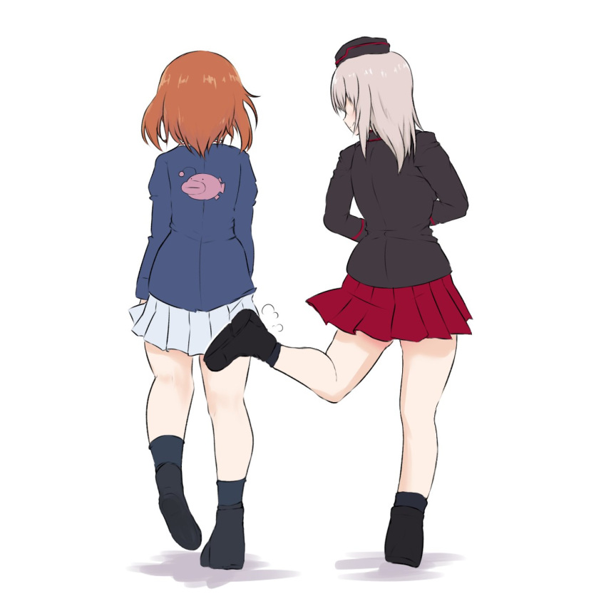 2girls anglerfish armorganger black_footwear black_headwear black_jacket black_socks blue_jacket boots brown_hair chisato_and_takina_kicking_each_other's_butt_(meme) from_behind full_body garrison_cap girls_und_panzer grey_hair hat highres itsumi_erika jacket kicking kuromorimine_military_uniform long_sleeves lycoris_recoil medium_hair meme military_hat multiple_girls nishizumi_miho ooarai_military_uniform parody pleated_skirt red_skirt scene_reference short_hair simple_background skirt socks white_background white_skirt