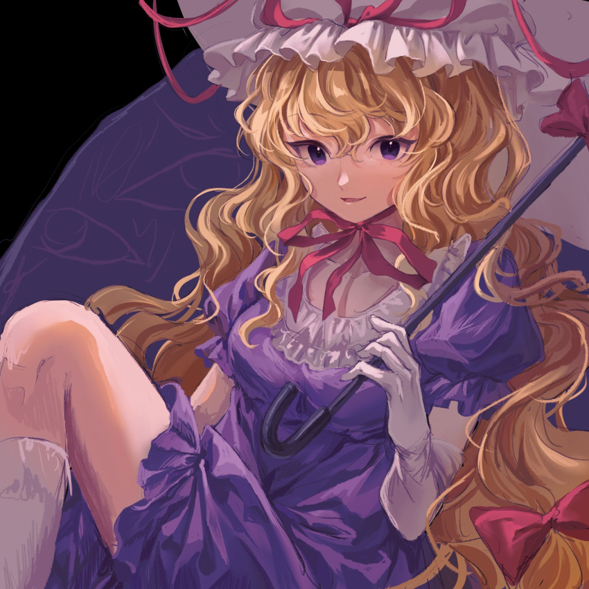 1girl 80isiiii bangs blonde_hair bow choker dress elbow_gloves feet_out_of_frame gap_(touhou) gloves hair_between_eyes hair_bow hat hat_ribbon highres holding holding_umbrella knee_up long_hair looking_at_viewer mob_cap open_mouth parasol pink_bow pink_ribbon puffy_short_sleeves puffy_sleeves purple_dress ribbon ribbon_choker short_sleeves smile socks solo touhou umbrella violet_eyes white_gloves white_headwear white_socks yakumo_yukari