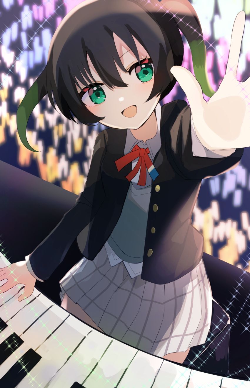 1girl :d absurdres bangs black_hair blurry blurry_background collared_shirt english_commentary foreshortening glowstick green_eyes green_hair hand_up highres looking_at_viewer love_live! love_live!_nijigasaki_high_school_idol_club miniskirt multicolored_hair nagisa_iori neck_ribbon nijigasaki_academy_school_uniform open_mouth piano_keys plaid plaid_skirt reaching_out red_ribbon ribbon school_uniform shirt skirt smile solo takasaki_yuu twintails two-tone_hair white_shirt white_skirt wing_collar winter_clothes