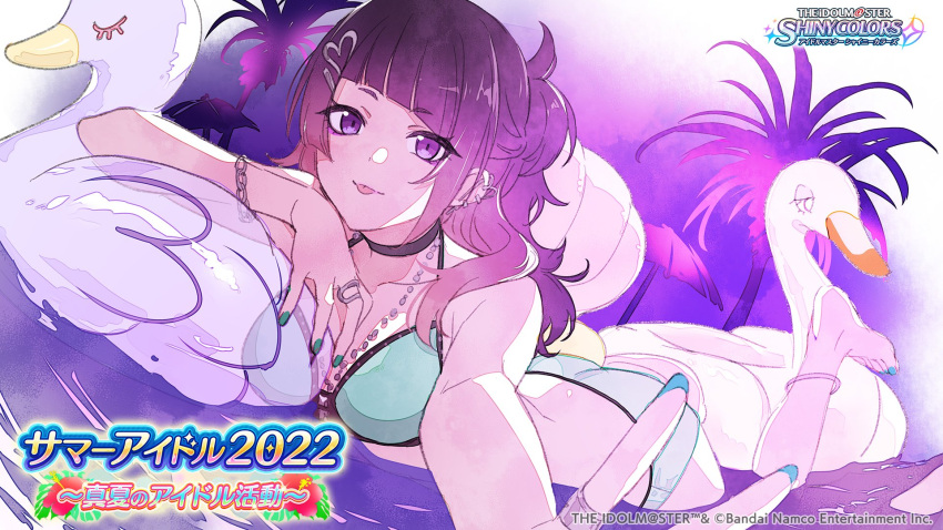 1girl bangs bikini bracelet chain commentary_request diagonal_bangs dutch_angle ear_piercing earrings green_nails hair_ornament hairclip highres idolmaster idolmaster_shiny_colors jewelry looking_at_viewer necklace official_art piercing pool purple_hair ring solo swimsuit tanaka_mamimi tongue v violet_eyes water watercolor_effect