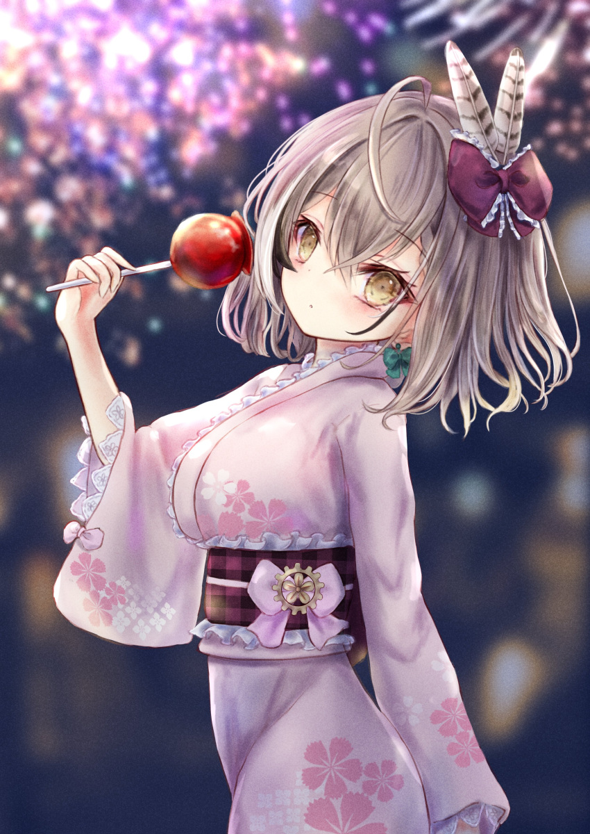 1girl absurdres ahoge bangs blurry braid braided_bangs breasts brown_eyes brown_hair candy_apple depth_of_field dot_mouth feather_hair_ornament feathers fireworks floral_print food hair_ornament hair_ribbon highres hololive hololive_english japanese_clothes kimono looking_at_viewer megts0331 multicolored_hair nanashi_mumei print_kimono ribbon short_hair streaked_hair virtual_youtuber wide_sleeves yukata