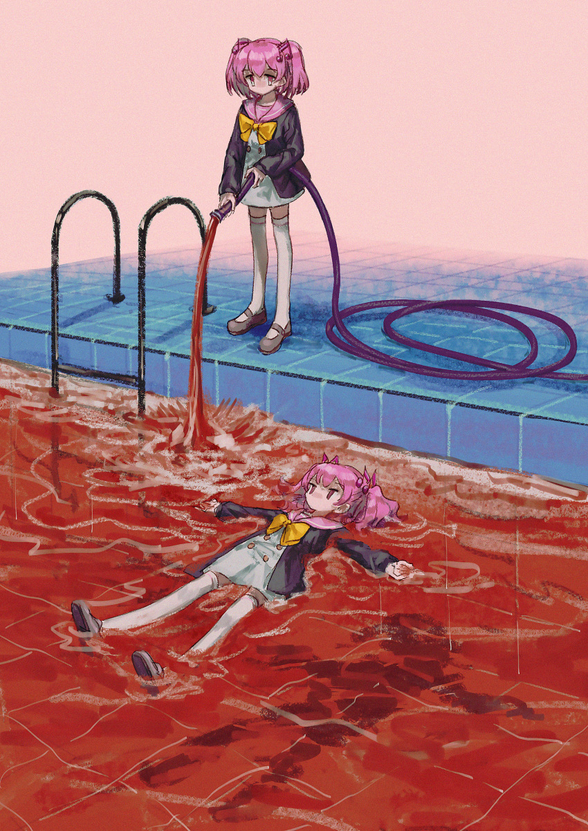 2girls absurdres blood cardigan floating fox_(770205490) hair_ornament highres matching_outfit multiple_girls musical_note musical_note_hair_ornament otonokoji_hibiki otonokoji_kanade pink_hair pink_sailor_collar pool_of_blood sailor_collar siblings sisters sixteenth_note super_danganronpa_another_2 thigh-highs twins twintails white_thighhighs
