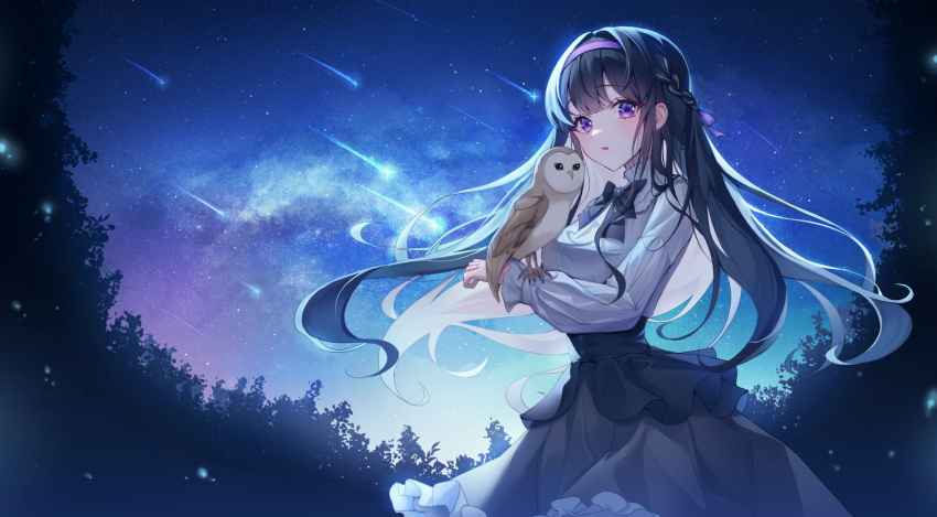 1girl :o animal_on_arm bangs bird bird_on_arm black_bow black_bowtie black_hair blunt_bangs bow bowtie braid breasts clothing_request collared_shirt commission dot_nose floating_hair frilled_skirt frills galaxy grey_skirt hairband highres large_breasts light_particles long_hair long_sleeves looking_at_viewer night night_sky original outdoors owl parted_lips purple_hairband shirt shooting_star side_braid single_braid skirt sky solo standing star_(sky) starry_sky tree tteullie violet_eyes white_shirt