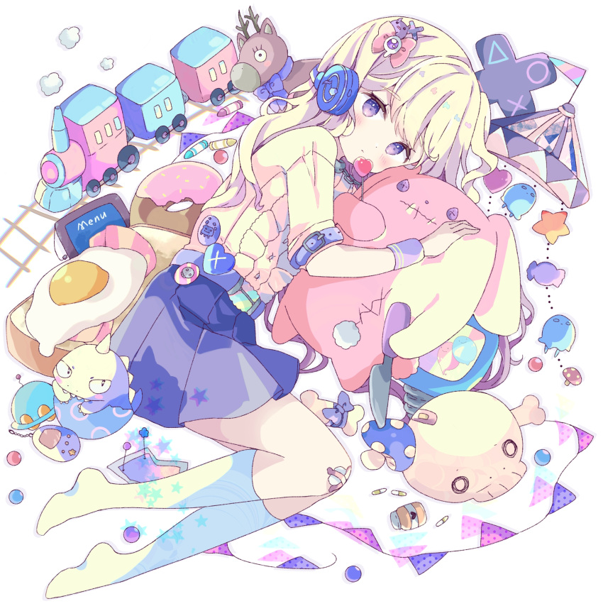 1girl bangs blonde_hair blue_skirt blush bottle cartoon_bone closed_mouth commentary crayon doughnut food fried_egg fried_egg_on_toast full_body headphones headphones_around_neck heart highres kneehighs knife long_hair looking_at_viewer mushroom original pennant pill playstation_symbols pleated_skirt polka_dot railroad_tracks shirt short_sleeves simple_background skirt skull socks solo star_(symbol) stitched_mouth stitches string string_of_fate stuffed_animal stuffed_bunny stuffed_reindeer stuffed_toy symbol-only_commentary tamagotchi toast toy_train tsukiyo_(skymint) ufo violet_eyes white_background white_shirt white_socks wrist_cuffs