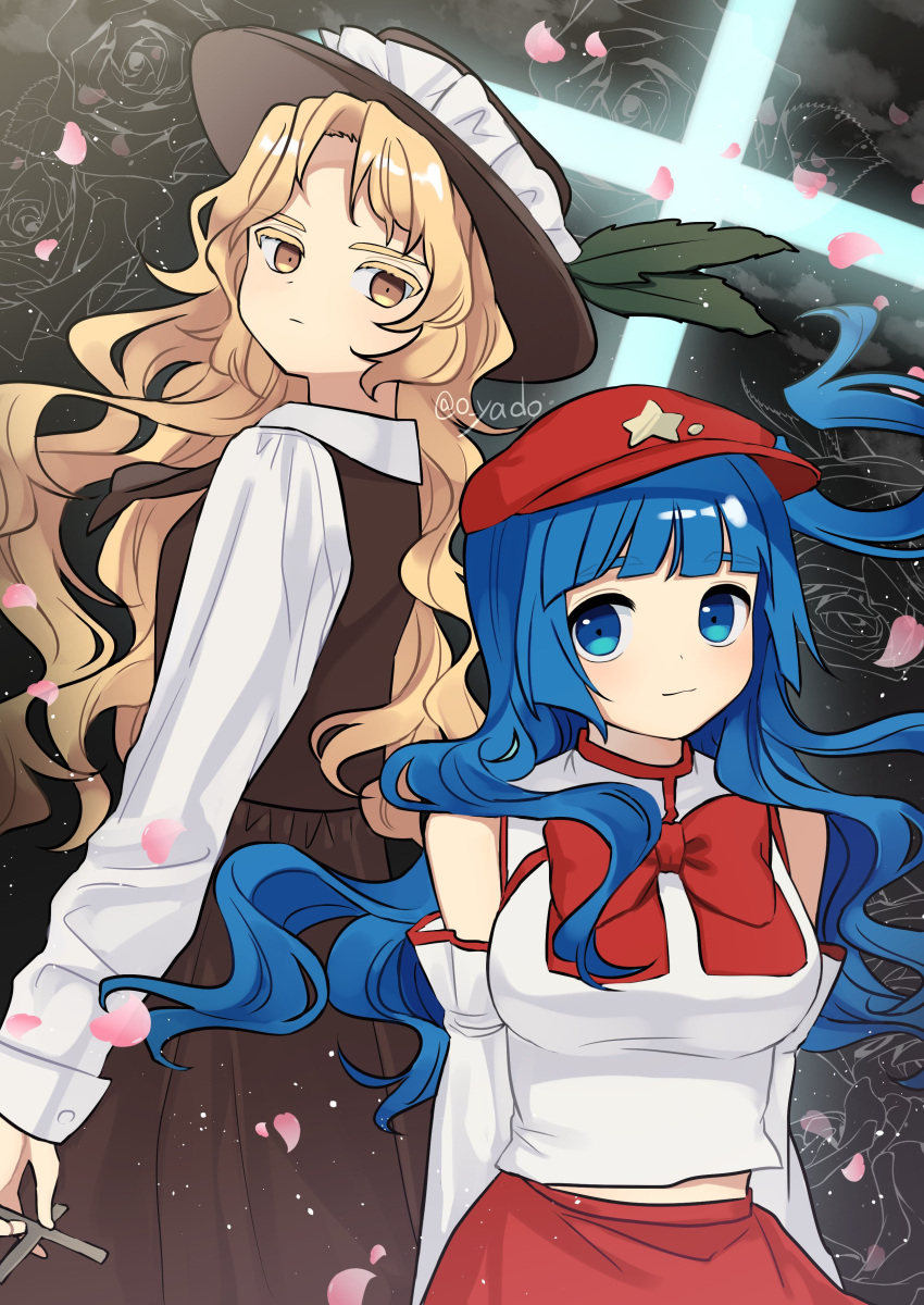 2girls absurdres arms_behind_back bangs bare_shoulders blonde_hair blue_eyes blue_hair blunt_bangs blush bow bowtie breasts brown_skirt brown_vest cabbie_hat closed_mouth collared_shirt commentary_request cross detached_sleeves dolls_in_pseudo_paradise fedora flat_cap frilled_hat frills hair_bow hat hat_feather hat_ornament highres holding holding_cross jacket_girl_(dipp) label_girl_(dipp) long_hair long_sleeves mandarin_collar medium_breasts midriff_peek multiple_girls red_bow red_bowtie red_headwear red_skirt shirt skirt smile star_(symbol) star_hat_ornament touhou very_long_hair vest white_shirt white_sleeves white_vest wide_sleeves yadoyuki yellow_eyes