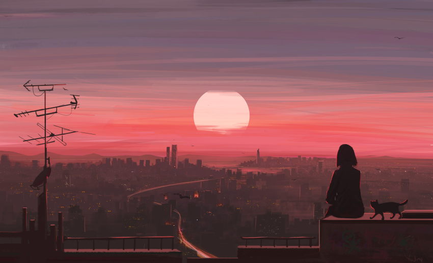 1girl absurdres bird building cat chinese_commentary city clouds commentary_request evening from_behind graffiti highres original outdoors radio_antenna scenery short_hair sitting sky skyscraper solo sunset wide_shot yu_jing