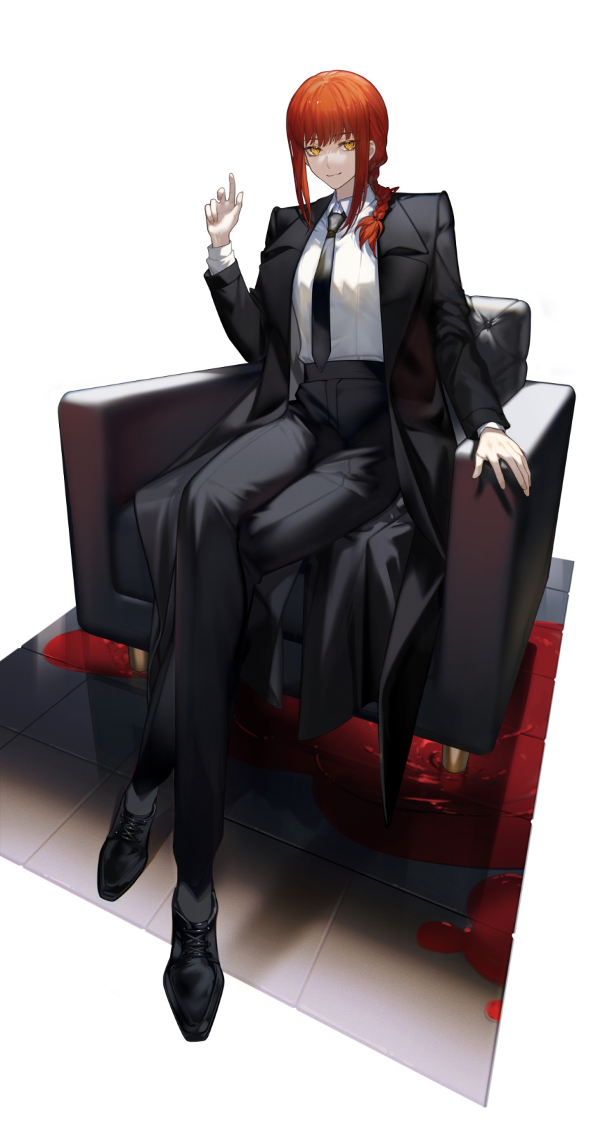 1girl arlizi armchair black_footwear black_necktie black_pants black_suit braid braided_ponytail breasts chainsaw_man chair closed_mouth collared_shirt formal hand_up highres index_finger_raised light_smile long_hair long_sleeves looking_at_viewer makima_(chainsaw_man) medium_breasts necktie pants redhead ringed_eyes shirt sidelocks simple_background single_braid sitting solo suit white_background white_shirt yellow_eyes