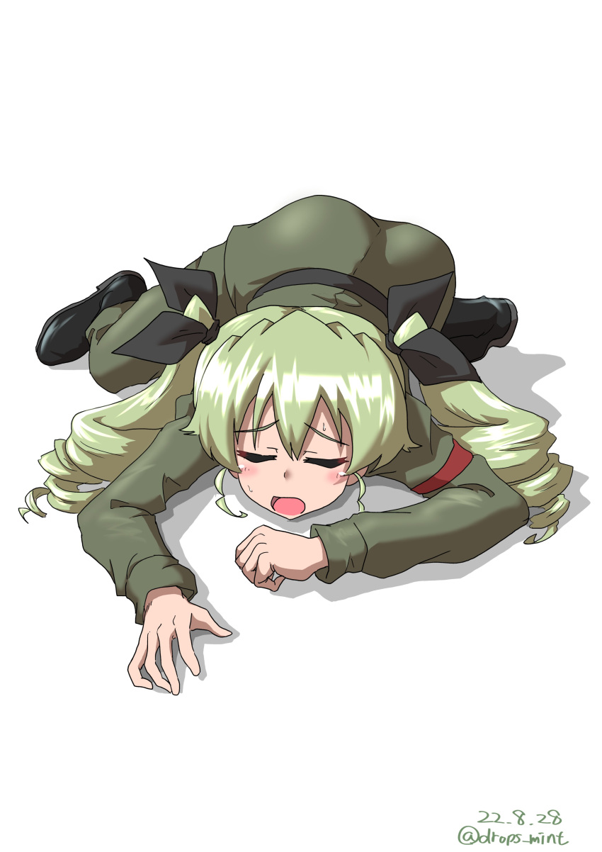 1girl absurdres anchovy_(girls_und_panzer) anzio_military_uniform black_footwear black_ribbon boots closed_eyes dated drill_hair drops_mint girls_und_panzer green_hair green_jacket green_pants hair_ribbon highres jacket knee_boots long_hair lying on_stomach pants ribbon simple_background solo twin_drills twintails twitter_username white_background