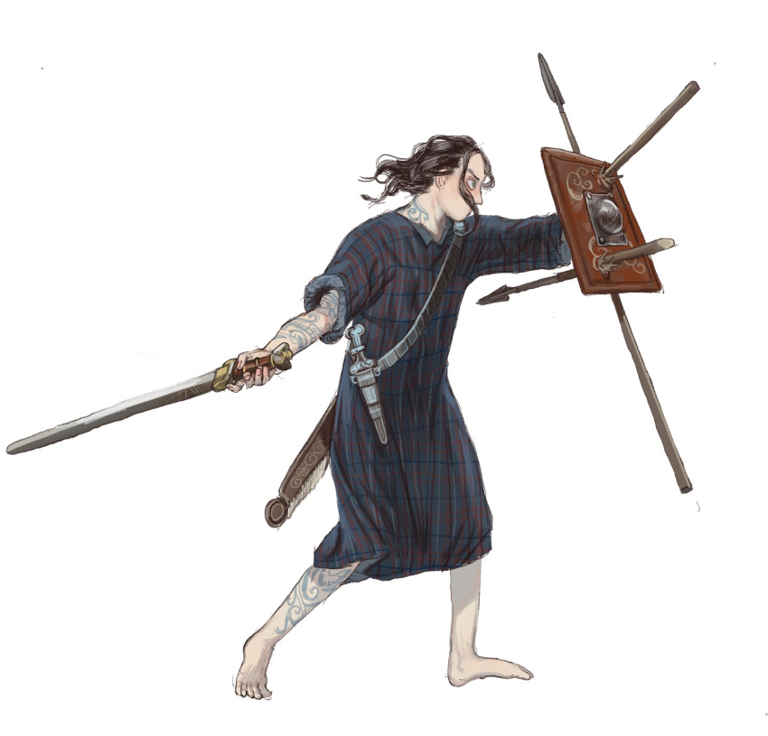 1boy barefoot black_hair blue_eyes dagger from_side highres holding holding_shield holding_sword holding_weapon javelin_(spear) knife male_focus medium_hair mossacannibalis original picts profile robe sash scabbard sheath shield simple_background solo sword tattoo weapon white_background