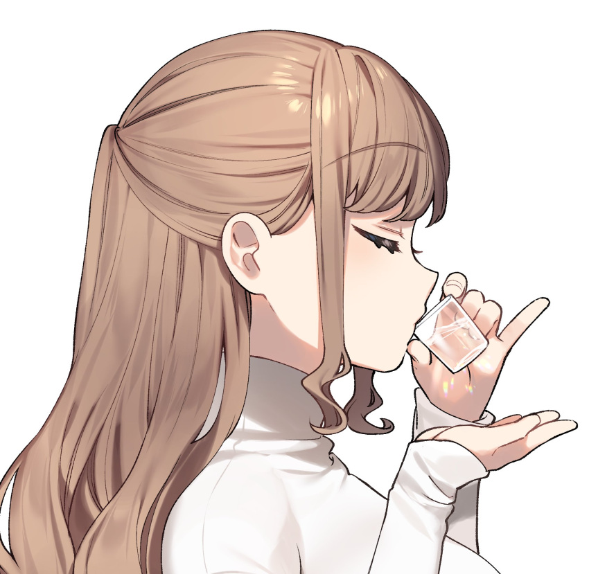 1girl bangs blush breasts brown_hair closed_eyes commentary_request cup drinking drinking_glass from_side highres holding kodama's_elder_sister_(sakura_yuki) long_hair long_sleeves original pinky_out profile sakura_yuki_(clochette) shot_glass sidelocks simple_background solo sweater turtleneck turtleneck_sweater upper_body white_background white_sweater