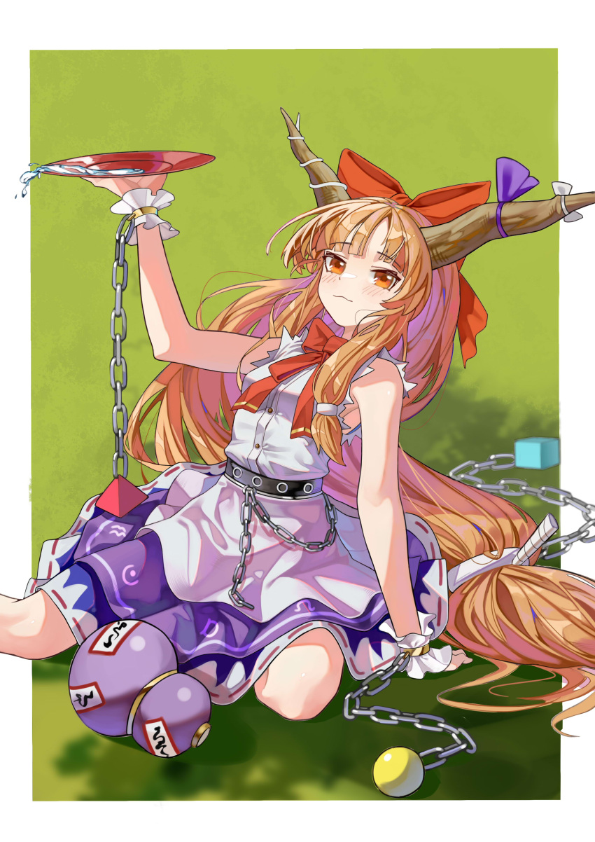 1girl absurdres alucard_pie arm_up bangs blunt_bangs blush border bow bowtie chain closed_mouth commentary_request cup foot_out_of_frame gourd hair_bow hand_on_ground highres horn_ornament horn_ribbon horns ibuki_suika long_hair looking_at_viewer oni_horns orange_eyes orange_hair purple_skirt red_bow red_bowtie ribbon sakazuki shirt sitting skirt smile solo torn_clothes torn_sleeves touhou white_border white_shirt wrist_cuffs yokozuwari
