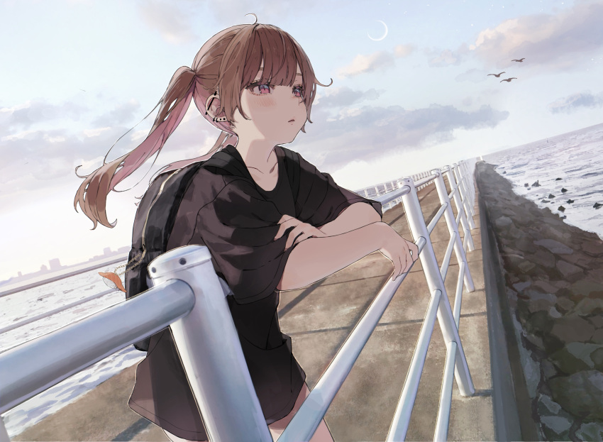 1girl absurdres backpack bag bangs bird black_bag black_shirt blunt_bangs brown_hair clouds cloudy_sky collarbone colored_inner_hair crescent_moon daluto_(hitomi555) day ear_piercing earrings expressionless food highres horizon jewelry long_hair looking_ahead moon multicolored_hair nigirizushi ocean original parted_lips perspective piercing pink_eyes railing rock shirt short_sleeves sky solo standing sushi t-shirt twintails two-tone_hair