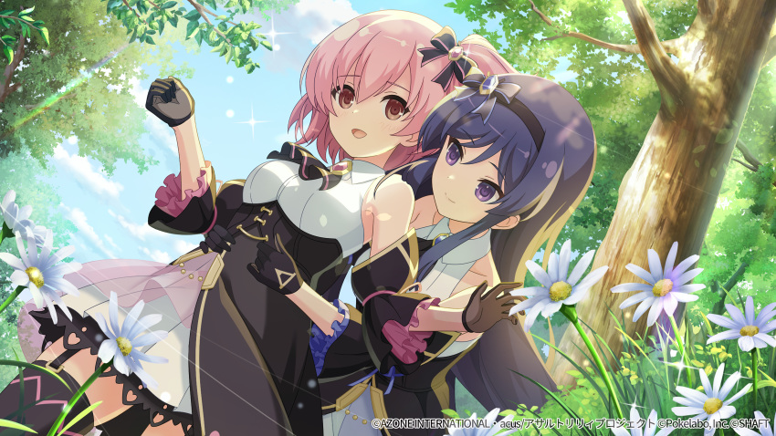 2girls adjusting_another's_clothes artist_request ascot assault_lily bangs bare_shoulders behind_another black_ascot black_bow black_dress black_gloves black_hairband black_thighhighs blue_gemstone blue_sky bow bow_hairband breasts brown_gloves closed_mouth clouds collarbone collared_dress corset cowboy_shot day detached_sleeves dress dutch_angle flower frilled_sleeves frills garter_straps gem glint gloves grass hair_between_eyes hair_bow hairband hands_up heart highres hitotsuyanagi_riri itou_shizu_(assault_lily) leaning_forward lens_flare light_blush light_particles long_hair looking_at_another looking_at_viewer medium_breasts multiple_girls official_alternate_costume official_art one_side_up outdoors parted_lips pink_eyes pink_gemstone pink_hair pleated_dress purple_hair raised_eyebrows see-through shiny shiny_hair short_hair sidelocks sky smile sparkle standing sunlight thigh-highs tree two-tone_dress two-tone_gloves underbust very_long_hair violet_eyes w_arms watermark webp-to-png_conversion white_dress white_flower zettai_ryouiki