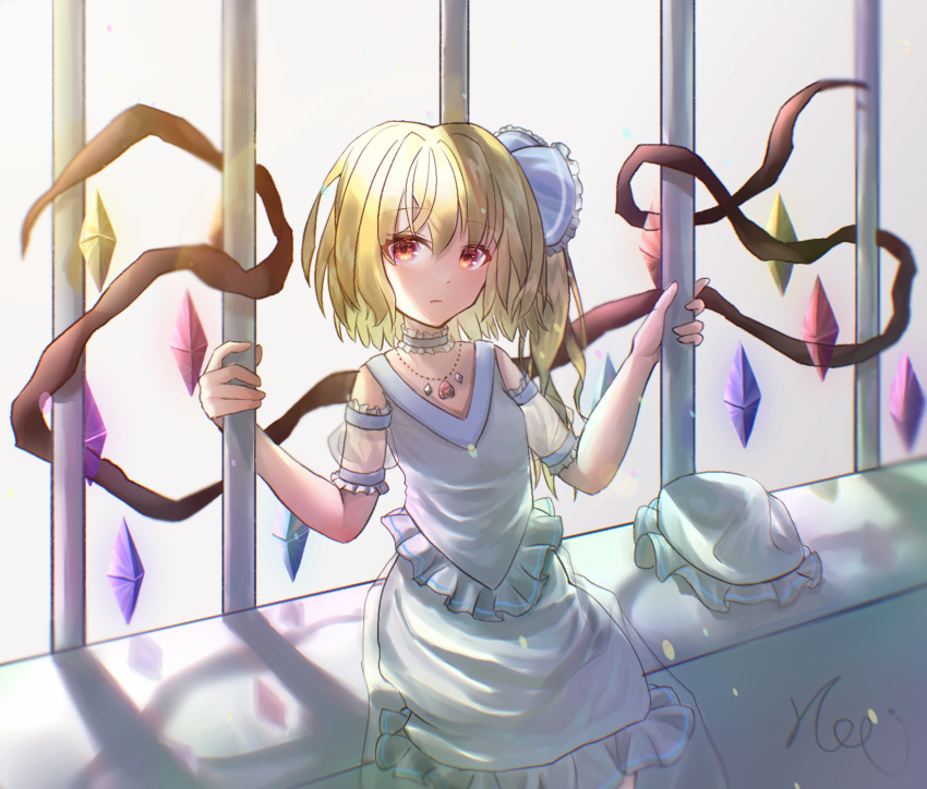 1girl alternate_costume blonde_hair breasts choker closed_mouth crystal flandre_scarlet frilled_choker frilled_skirt frills hair_between_eyes hat hat_removed headwear_removed highres holding_bars ibispaint_(medium) kopi_(user_ajtn7422) looking_at_viewer medium_hair mob_cap multicolored_wings red_eyes shirt side_ponytail signature skirt small_breasts solo touhou white_shirt white_skirt wings
