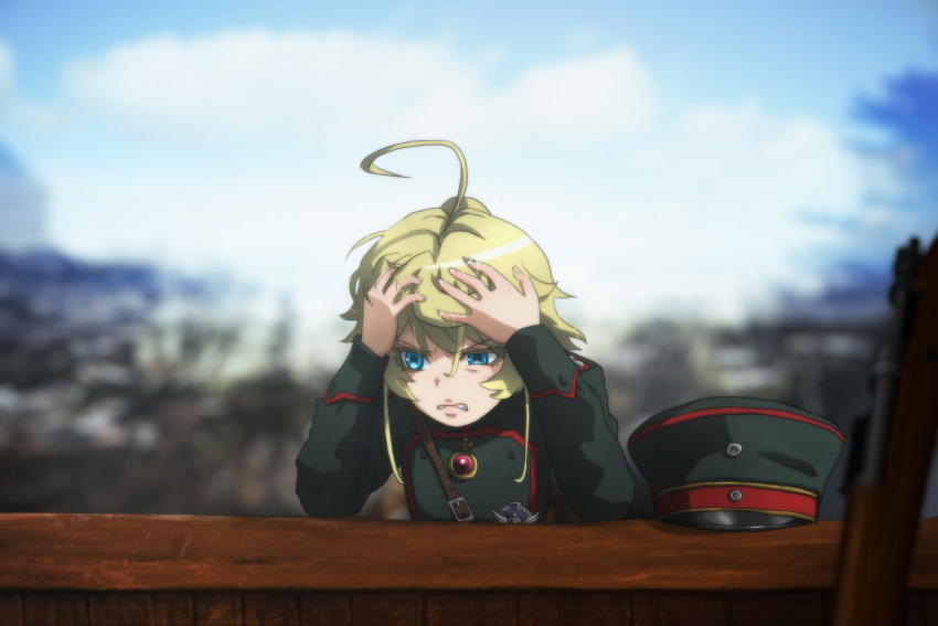 1girl ahoge blonde_hair blue_eyes blurry blurry_background genya_(genya67) gun hands_on_own_head hat headwear_removed highres military military_hat military_uniform soldier solo tanya_degurechaff uniform weapon worried youjo_senki