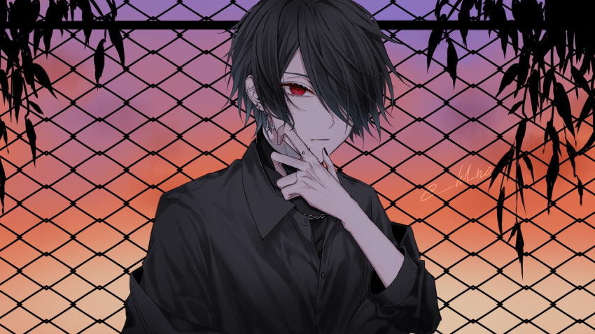 1boy black_hair black_shirt black_theme collared_shirt ear_piercing finger_piercing gate hair_over_one_eye highres leaf long_sleeves male_focus nail_polish one_eye_covered original piercing red_eyes shirt short_hair solo sunset yoh-cha