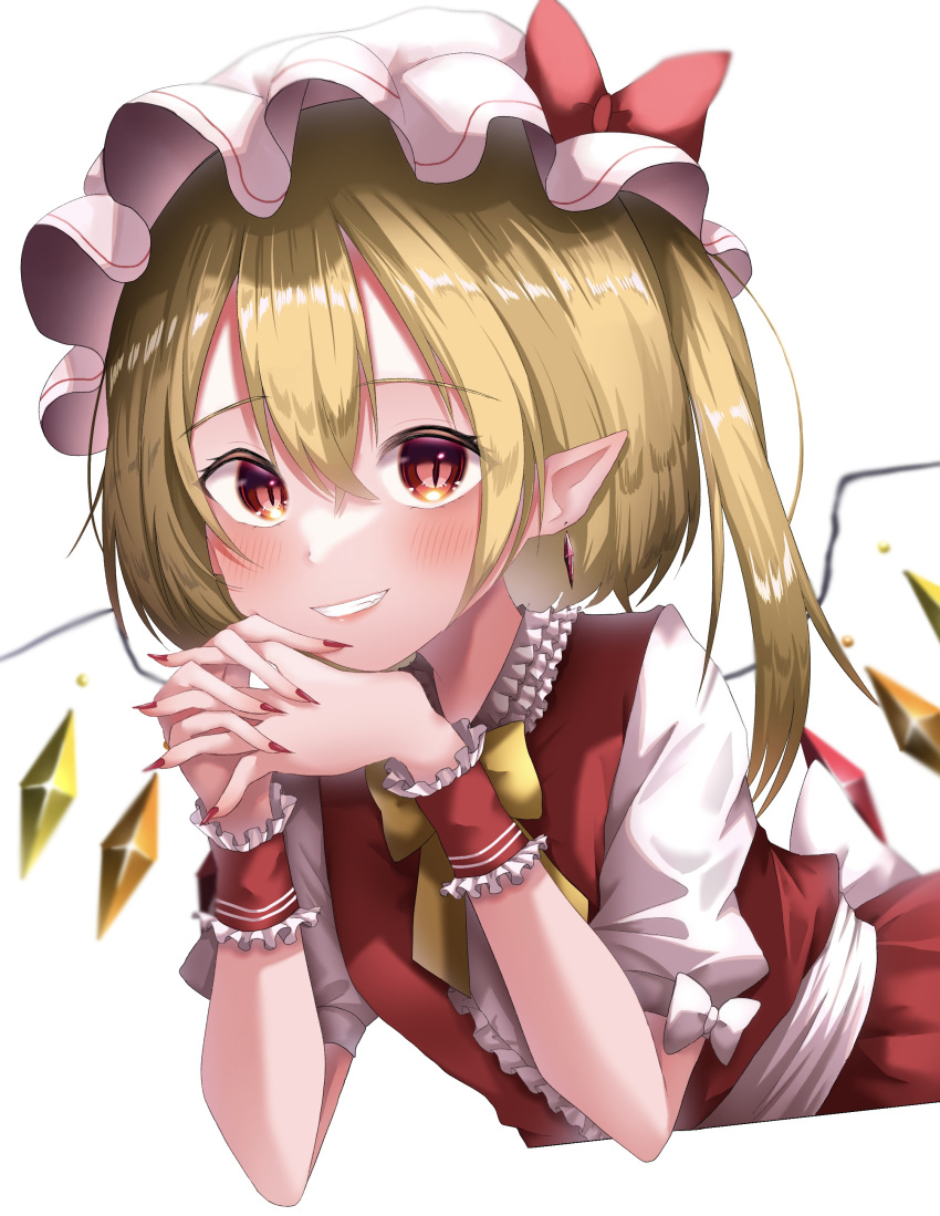1girl 380u0 absurdres back_bow blonde_hair blush bow bowtie center_frills crystal fingernails flandre_scarlet frills hair_between_eyes hat highres leaning_forward medium_hair mob_cap multicolored_wings nail_polish pointy_ears puffy_short_sleeves puffy_sleeves red_eyes red_nails red_skirt red_vest sharp_fingernails shiny shiny_hair shirt short_sleeves skirt skirt_set smile solo teeth touhou vest white_background white_bow white_headwear white_shirt wings wrist_cuffs yellow_bow yellow_bowtie
