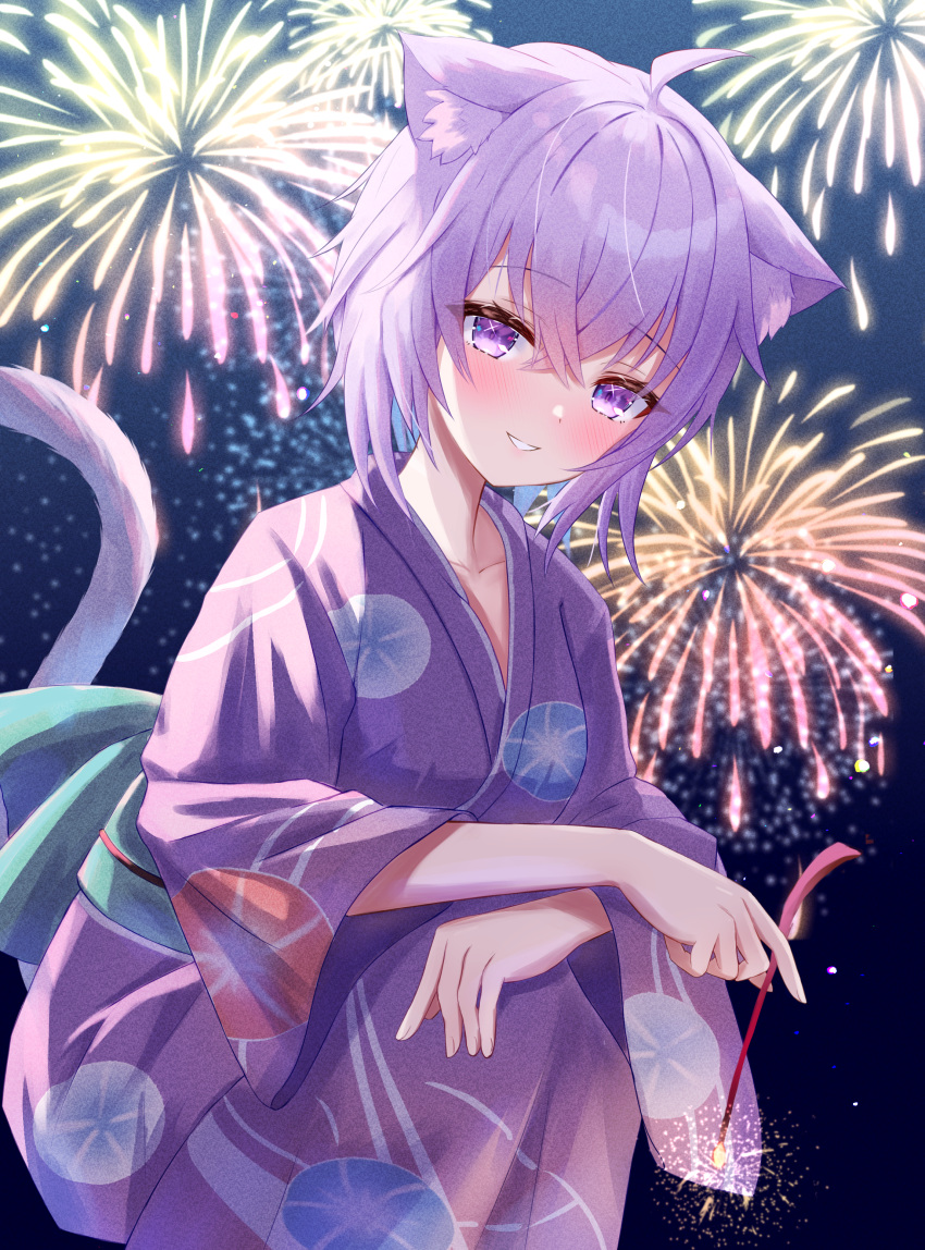 1girl absurdres aerial_fireworks ahoge animal_ear_fluff animal_ears bangs blush cat_ears cat_girl cat_tail commentary_request fireworks floral_print hair_between_eyes highres holding_fireworks hololive japanese_clothes kimono long_sleeves looking_at_viewer nekomata_okayu obi parted_lips print_kimono purple_hair purple_kimono sash senkou_hanabi solo sparkler squatting tail tail_raised thorny violet_eyes virtual_youtuber wide_sleeves