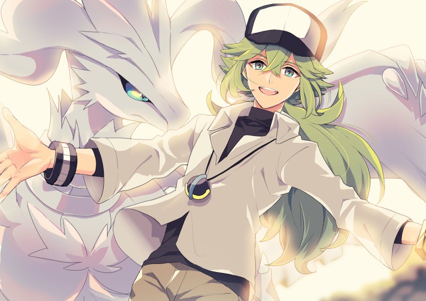 1boy bangs blue_eyes bracelet collared_shirt green_eyes hair_between_eyes hat highres ina_(t_play1125) jewelry long_hair long_sleeves looking_at_viewer n_(pokemon) necklace open_mouth outstretched_arms pokemon pokemon_(creature) pokemon_(game) pokemon_bw reshiram shirt teeth