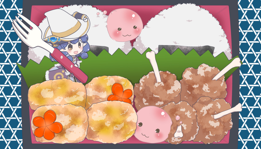 1girl :3 bangs bento blue_hair blush brown_cape brown_dress brown_eyes brown_gloves cape chibi commentary_request croquette dress fingerless_gloves food fork full_body fur-trimmed_cape fur-trimmed_gloves fur_trim gloves hat high_wizard_(ragnarok_online) holding holding_fork meat medium_hair okosama_lunch_(sendan) onigiri open_mouth pointy_ears poring ragnarok_masters ragnarok_online slime_(creature) smile white_headwear witch_hat