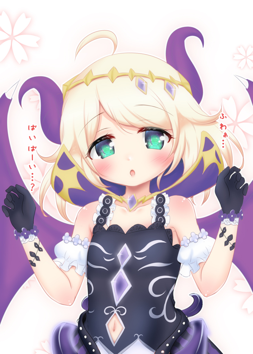 ahoge armband bangs black_dress black_gloves blonde_hair blush check_commentary clothing_cutout collarbone commentary_request demon_girl demon_horns demon_wings dress female_child flat_chest floral_background flower frilled_dress frills gem gloves green_eyes hair_flaps hair_ornament hands_up high_collar highres horns hosizora_mikoto idolmaster idolmaster_cinderella_girls looking_at_viewer navel navel_cutout open_mouth pink_background print_dress short_hair solo upper_body wings yusa_kozue
