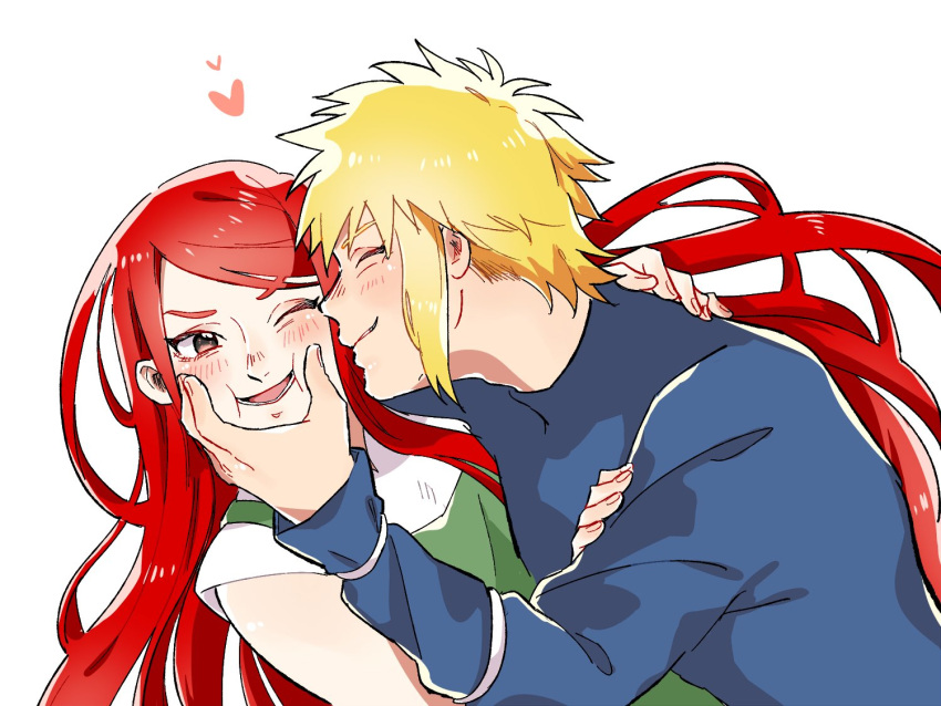 1boy 1girl ;d awarinko bangs blonde_hair blush cheek_squash closed_eyes commentary_request heart husband_and_wife long_hair long_sleeves namikaze_minato naruto_(series) naruto_shippuuden one_eye_closed open_mouth red_eyes redhead sidelocks simple_background smile spiky_hair uzumaki_kushina white_background