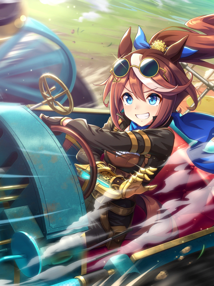 1girl absurdres animal_ears blue_eyes blurry brown_hair car eyewear_on_head gauntlets ground_vehicle hair_between_eyes highres horse_ears horse_girl motor_vehicle official_art ponytail racing scarf solo steampunk tokai_teio_(umamusume) umamusume