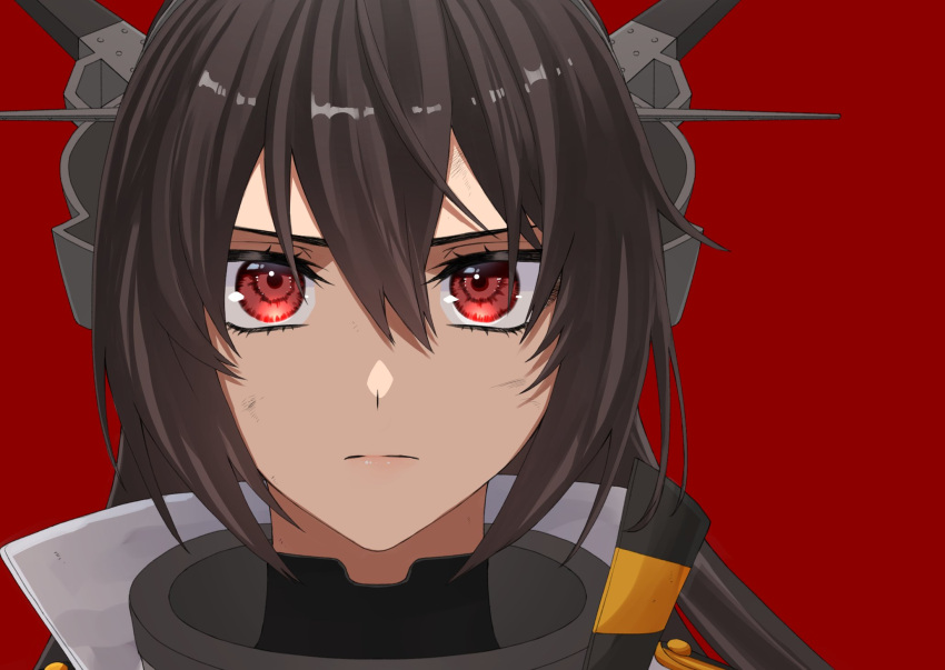1girl bangs black_hair commentary_request dirty dirty_face hair_between_eyes headgear high_collar highres kantai_collection long_hair looking_at_viewer machi_(ritovoyage) nagato_(kancolle) nagato_kai_ni_(kancolle) portrait red_background red_eyes simple_background solo