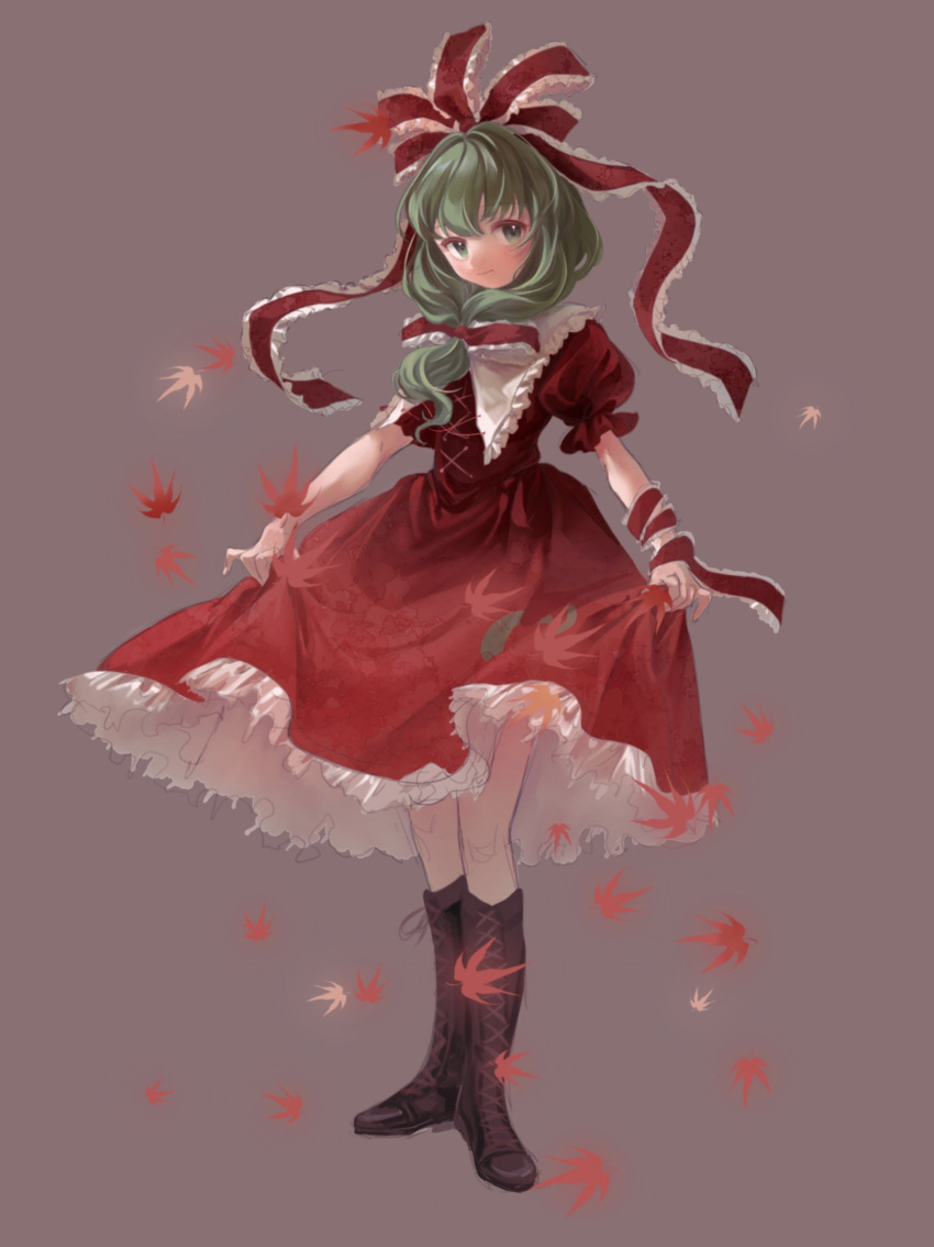 1girl 80isiiii absurdres autumn_leaves bangs boots bow brown_background brown_bow brown_dress brown_footwear closed_mouth collared_dress commentary_request cross dress footwear_bow frills full_body gradient gradient_clothes gradient_dress green_eyes green_hair hair_between_eyes hair_bow hands_up highres kagiyama_hina leaf looking_to_the_side medium_hair puffy_short_sleeves puffy_sleeves red_bow red_dress short_sleeves simple_background smile solo standing touhou