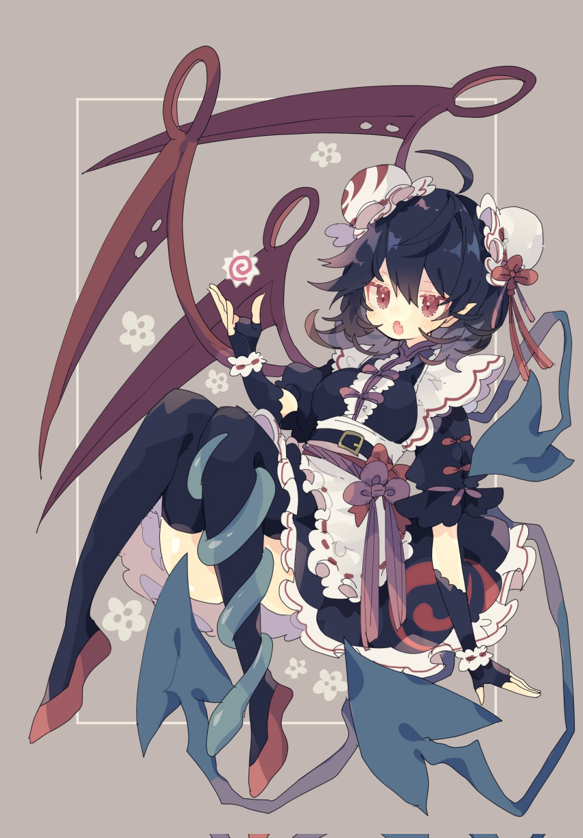 1girl :o adapted_costume ahoge apron asymmetrical_wings bangs belt black_dress black_hair black_thighhighs blue_wings center_frills commentary_request double_bun dress fang fingerless_gloves frilled_apron frills full_body gloves hair_bun highres houjuu_nue knees_up looking_at_viewer medium_hair nikorashi-ka open_mouth pointy_ears red_footwear red_wings short_sleeves skin_fang snake solo thigh-highs touhou white_apron wings