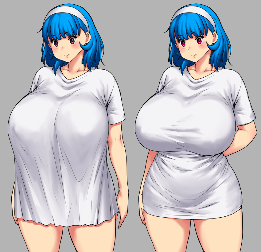 1girl absurdres bangs blue_hair blunt_bangs blush breasts cowboy_shot curvy earrings erkaz grey_background hair_behind_ear hairband highres huge_breasts jewelry medium_hair meme original red_eyes rina_atherina shirt short_sleeves smile t-shirt thighs white_hairband white_shirt