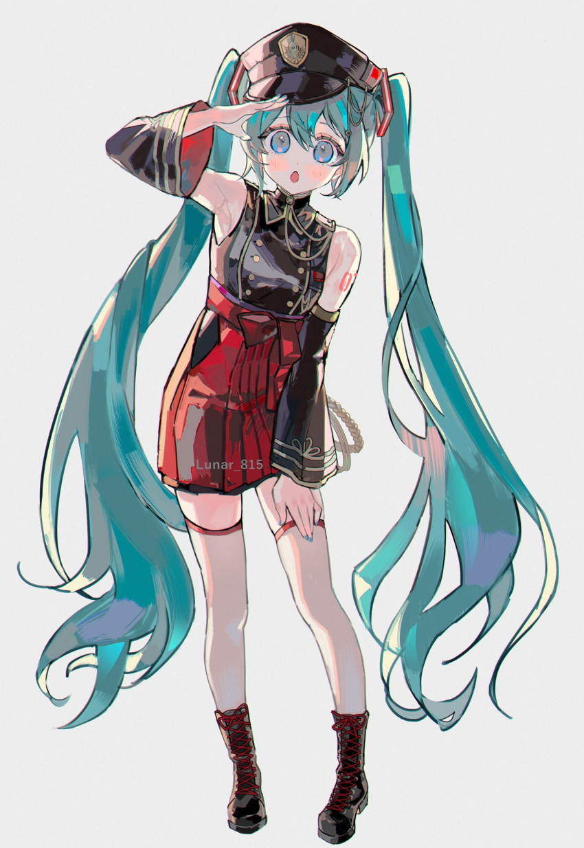 1girl :o aqua_eyes aqua_hair aqua_nails artist_name bangs bare_shoulders black_footwear black_headwear black_sleeves boots commentary_request detached_sleeves full_body grey_background hand_on_own_thigh hat hatsune_miku high-waist_skirt highres long_hair looking_at_viewer lunar_(lunar_815) open_mouth peaked_cap red_skirt salute see-through see-through_legwear shirt simple_background skirt sleeveless sleeveless_shirt solo twintails vocaloid watermark