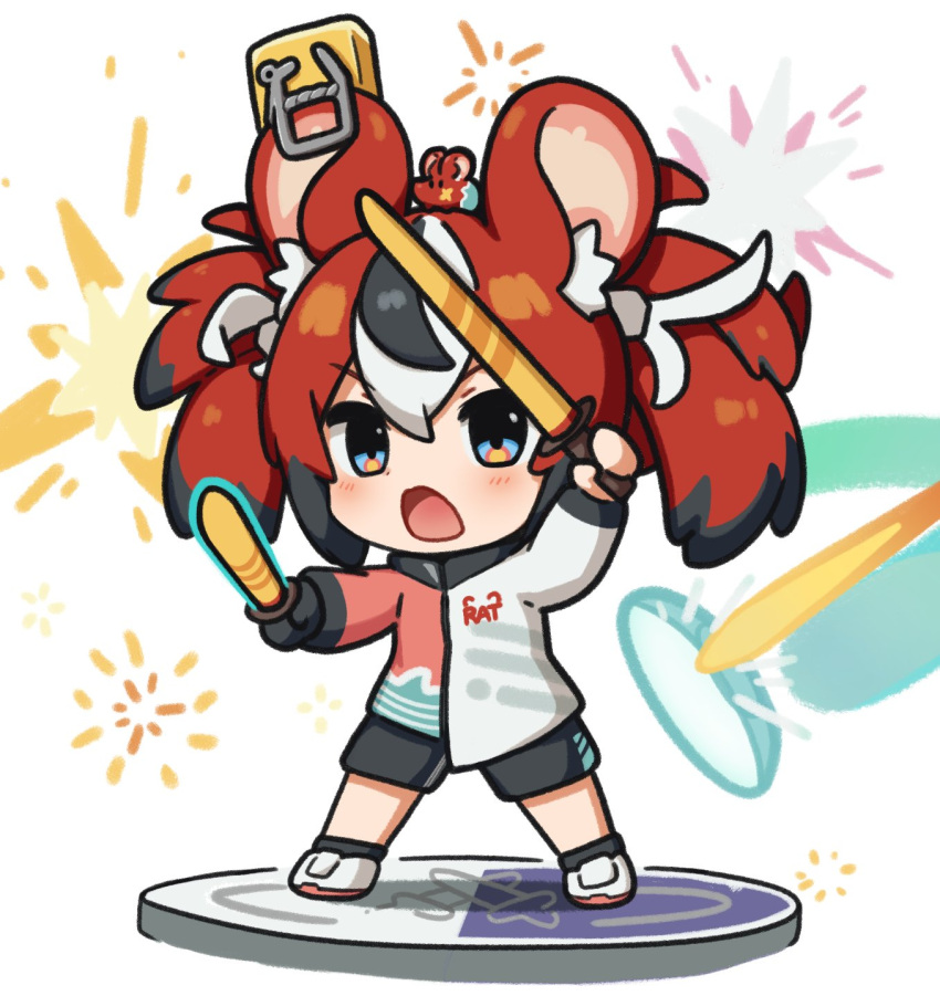 1girl alternate_costume animal_ears black_hair casual chibi dual_wielding gloves hakos_baelz highres holding hololive hololive_english jacket mouse_ears mouse_girl mouse_tail mousetrap mr._squeaks_(hakos_baelz) multicolored_hair nintendo_switch_sports redhead shoes shorts single_glove sneakers snowmya sparks streaked_hair sword tail track_jacket twintails virtual_youtuber weapon white_hair wooden_sword