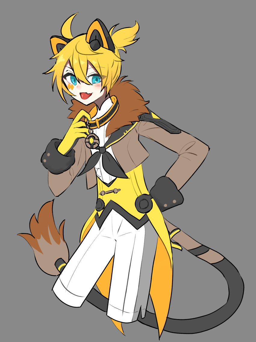 1boy animal_ears aqua_eyes black_neckerchief blonde_hair collar cropped_legs fake_animal_ears fang fur-trimmed_sleeves fur_collar fur_trim gloves grey_background hand_on_hip highres kagamine_len lion_boy lion_ears lion_tail long_sleeves magical_mirai_(vocaloid) magical_mirai_len magical_mirai_len_(2019) male_focus mechanical_ears monitaros_393 neckerchief short_ponytail shorts simple_background skin_fang solo tail tailcoat vocaloid white_shorts yellow_gloves