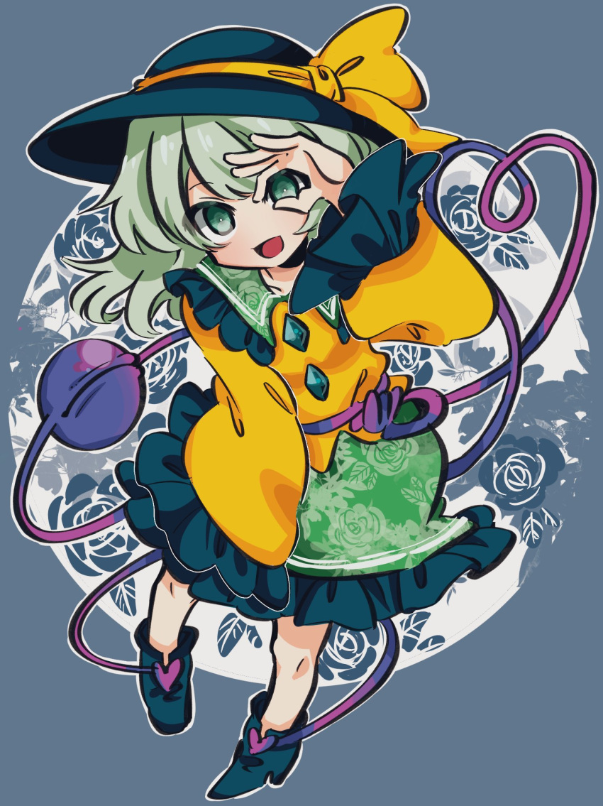 1girl :d bangs black_footwear black_headwear blouse blush boots bow bright_pupils buttons commentary diamond_button eyeball floral_print frilled_shirt_collar frilled_skirt frilled_sleeves frills full_body green_eyes green_skirt hat hat_bow hat_ribbon heart heart_of_string highres komeiji_koishi light_green_hair long_sleeves looking_at_viewer medium_hair nokoro open_mouth ribbon rose_print shirt skirt smile solo standing symbol-only_commentary third_eye touhou wavy_hair wide_sleeves yellow_bow yellow_ribbon yellow_shirt