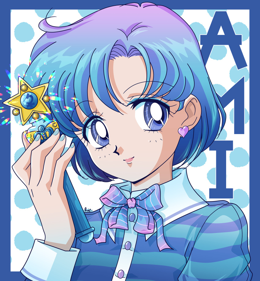 1girl absurdres bishoujo_senshi_sailor_moon blue_eyes blue_hair earrings eyeshadow heart heart_earrings highres jewelry looking_at_viewer makeup mizuno_ami nail_polish riccardo_bacci shirt short_hair smile solo striped striped_shirt