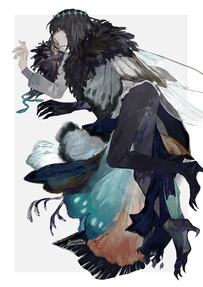 1boy :| alternate_hair_color arthropod_boy artist_name bangs black_hair black_pants blue_eyes bug butterfly_wings cloak closed_mouth collared_shirt crown diamond_hairband expressionless fate/grand_order fate_(series) full_body fur-trimmed_cloak fur_collar fur_trim highres insect_wings long_sleeves looking_away maggot male_focus medium_hair multicolored_wings oberon_(fate) oberon_(third_ascension)_(fate) official_alternate_costume pants shirt signature solo surume_(su1193) twitter_username two-tone_background white_shirt wings
