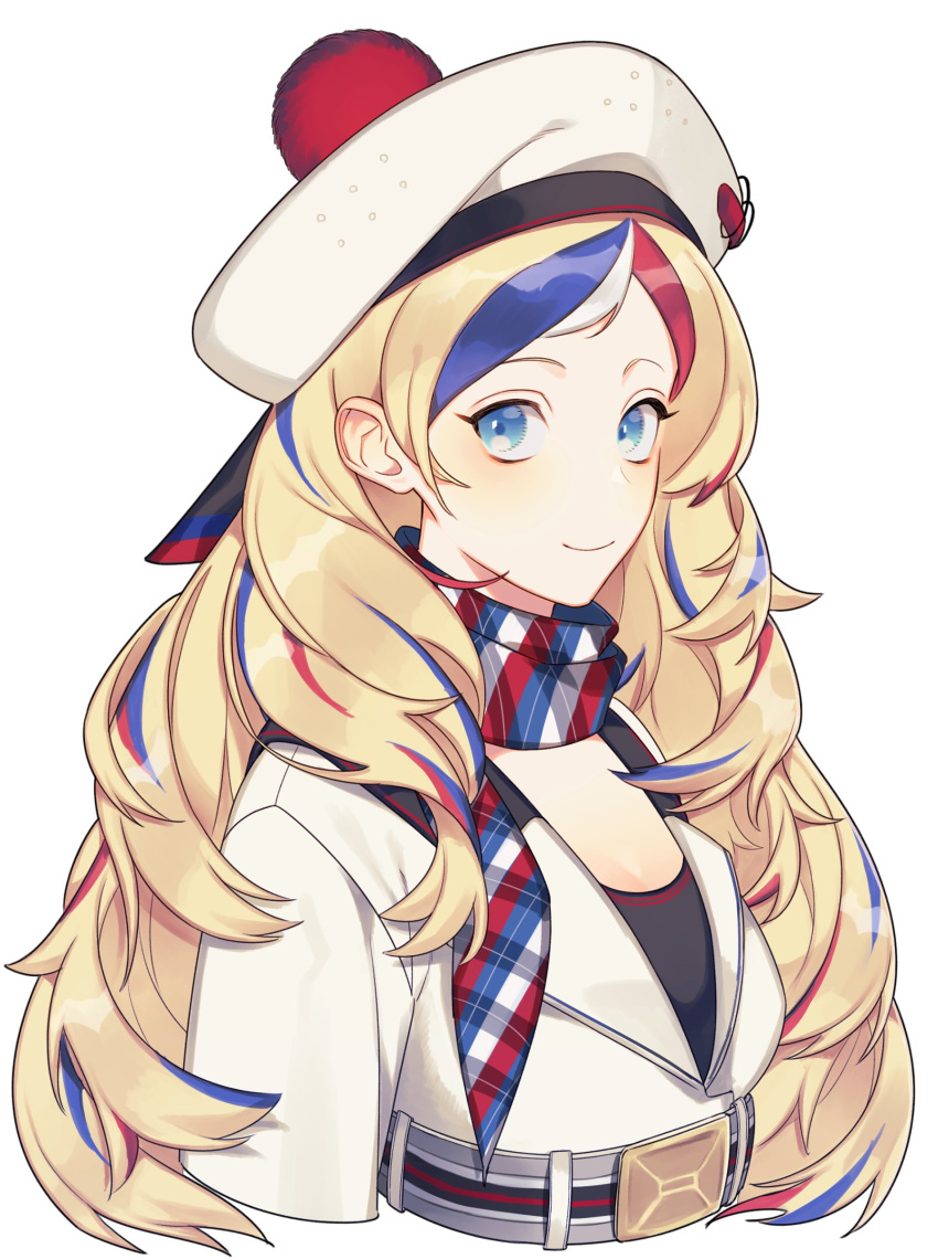 1girl absurdres anchor_hair_ornament bangs belt beret blonde_hair blue_hair commandant_teste_(kancolle) hair_ornament hat highres jacket kantai_collection long_hair looking_at_viewer multicolored_clothes multicolored_hair multicolored_scarf pom_pom_(clothes) redhead scarf simple_background solo streaked_hair su_konbu swept_bangs upper_body wavy_hair white_background white_hair white_jacket