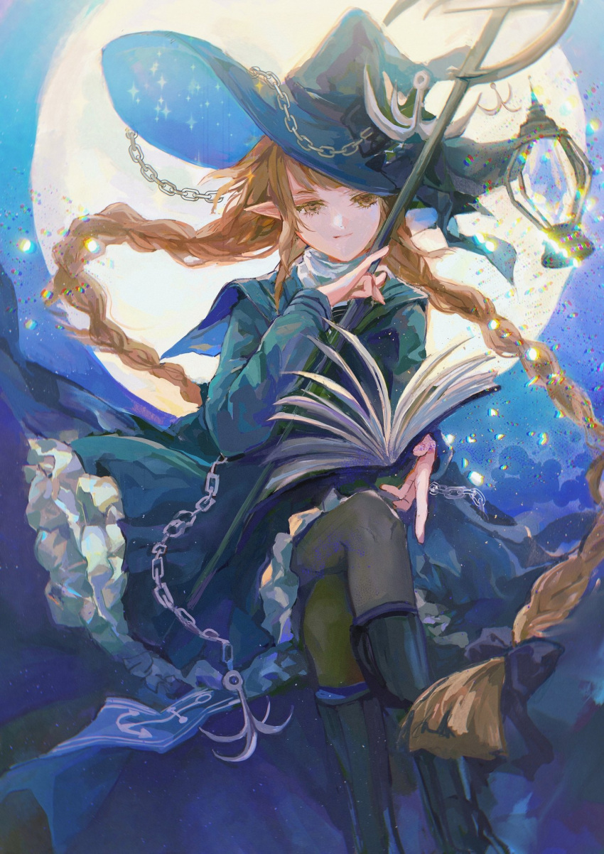 1girl anchor anchor_hat_ornament book boots bow braid brown_eyes brown_hair dress funamusea hat hat_bow hat_ornament highres holding holding_book holding_staff huililili0 lantern long_hair looking_at_viewer oounabara_to_wadanohara open_book pointy_ears reading sailor_dress sailor_hat solo staff twin_braids wadanohara witch_hat