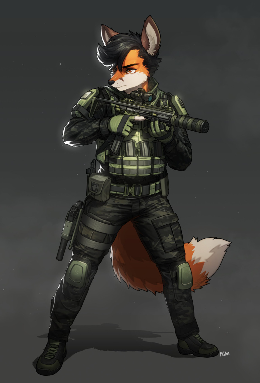 1boy absurdres animal_ears artist_name bag bangs belt black_hair brown_footwear brown_gloves camouflage camouflage_jacket camouflage_pants closed_mouth fox_boy fox_ears fox_tail full_body furry furry_male gloves grey_background gun handgun hands_up highres holding holding_gun holding_weapon holstered_weapon jacket original pants pgm300 pouch short_hair solo standing tail weapon