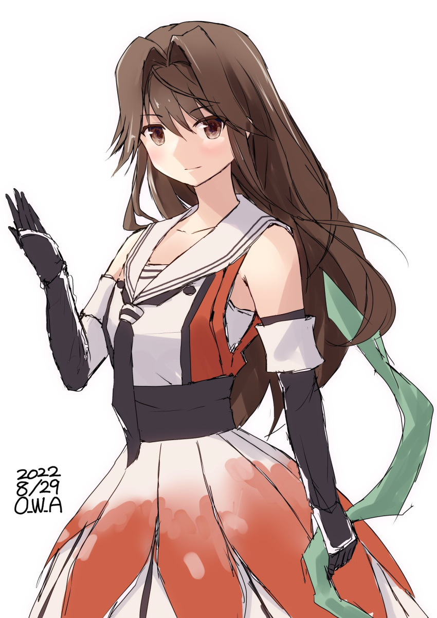 1girl black_gloves black_neckerchief black_skirt brown_eyes brown_hair buttons commentary_request cowboy_shot dated double-breasted elbow_gloves gloves hair_intakes half_updo headband_removed highres jintsuu_(kancolle) jintsuu_kai_ni_(kancolle) kantai_collection long_hair looking_at_viewer neckerchief one-hour_drawing_challenge owa_(ishtail) sailor_collar school_uniform serafuku shirt simple_background skirt sleeveless sleeveless_shirt solo twitter_username white_background white_sailor_collar