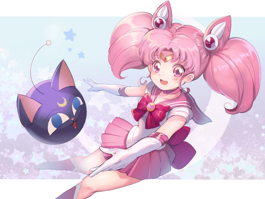 1girl bishoujo_senshi_sailor_moon boots bow brooch chibi_usa choker cone_hair_bun crescent crescent_facial_mark double_bun earrings elbow_gloves facial_mark gloves hair_bun hair_ornament heart heart_brooch jewelry long_hair luna-p magical_girl onk_(kkkarb) pink_eyes pink_hair pink_sailor_collar sailor_chibi_moon sailor_collar sailor_senshi_uniform skirt smile solo twintails white_gloves