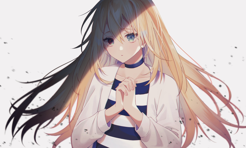 1girl absurdres black_choker blonde_hair blue_eyes blurry choker collarbone floating_hair grey_background hair_between_eyes highres jacket long_hair long_sleeves looking_at_viewer open_clothes open_jacket own_hands_clasped own_hands_together oyu0819 parted_lips rachel_gardner satsuriku_no_tenshi shirt simple_background solo striped striped_shirt upper_body white_jacket