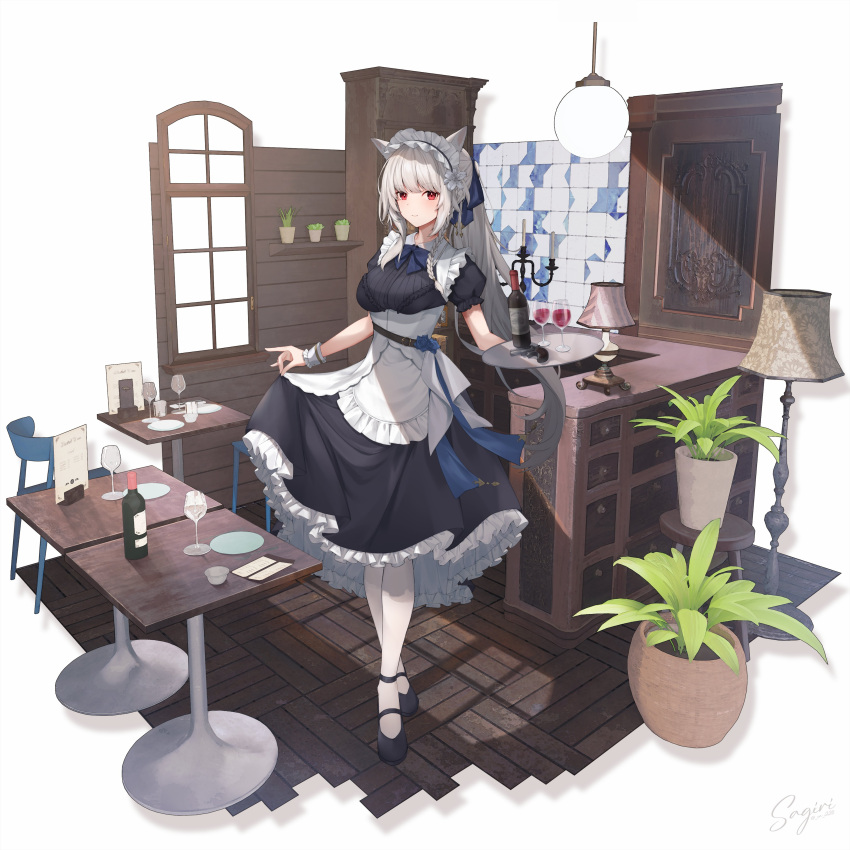 1girl absurdres animal_ears ankle_strap bangs black_dress black_footwear blunt_bangs bottle breasts ceiling_light chair commentary cup dress frilled_dress frills glass grey_hair gun handgun high_heels highres holding holding_tray indoors lamp large_breasts legs_together lifted_by_self looking_at_viewer maid maid_headdress mary_janes menu original pantyhose plant plate potted_plant puffy_short_sleeves puffy_sleeves red_eyes sagiri_(ulpha220) shadow shoes short_sleeves solo table tray weapon white_pantyhose wine_bottle wolf_ears wolf_girl wrist_cuffs