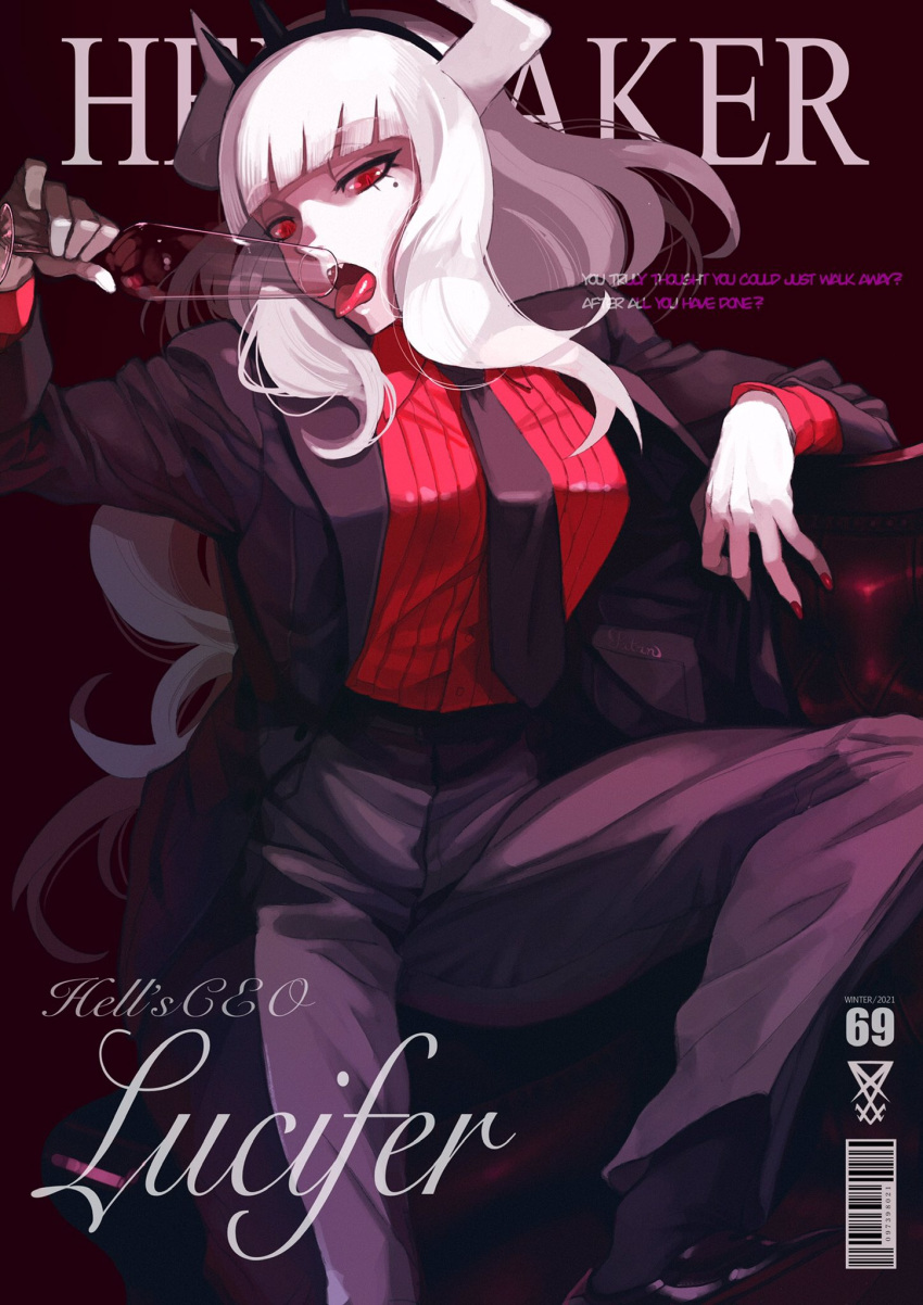 1girl bangs black_socks blunt_bangs breasts champagne_flute cover crown cup drinking_glass english_text formal gloves helltaker highres horns long_hair lucifer_(helltaker) magazine_cover mazarimon mole mole_under_eye necktie open_mouth red_eyes red_nails sharp_teeth single_glove socks solo suit teeth tongue tongue_out white_gloves white_hair