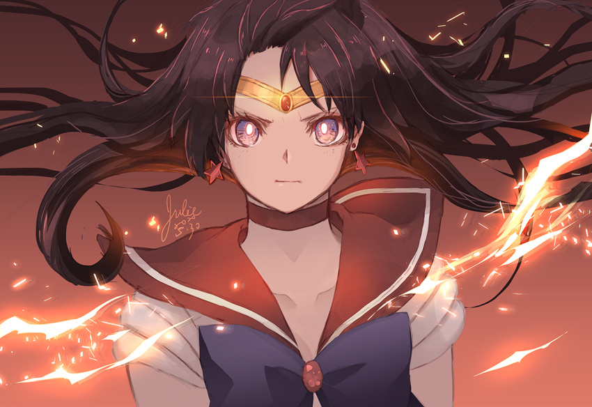 1girl bishoujo_senshi_sailor_moon black_hair bow choker earrings fire gloves hino_rei jewelry kom_(water0371) long_hair magical_girl red_sailor_collar sailor_collar sailor_mars sailor_senshi_uniform solo tiara violet_eyes